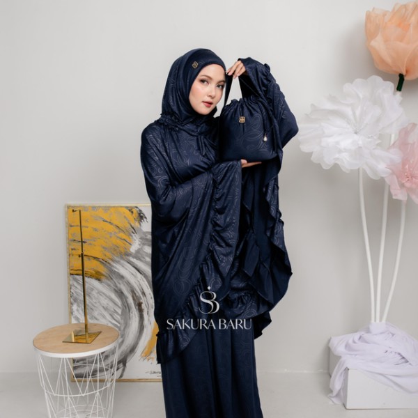 Sakura Baru X Celine Evangelista - Mukena Jumbo Salsabila Smock Jaguar Strechy Motif All Size Navy Elips