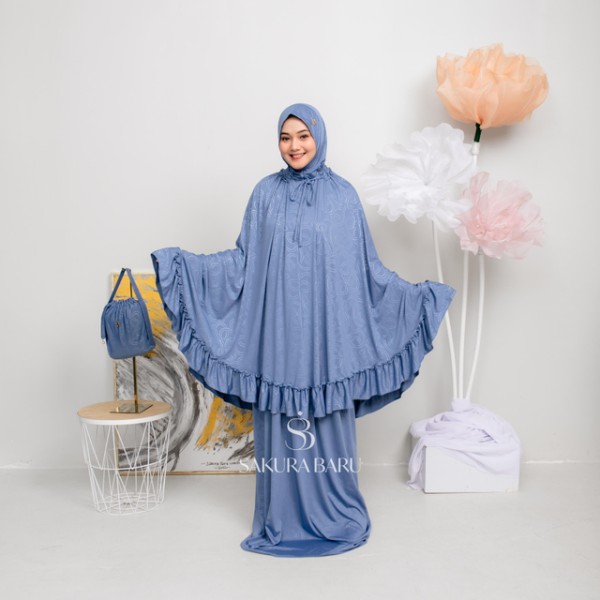 Sakura Baru X Celine Evangelista - Mukena Jumbo Salsabila Smock Jaguar Strechy Motif All Size Denim Elips