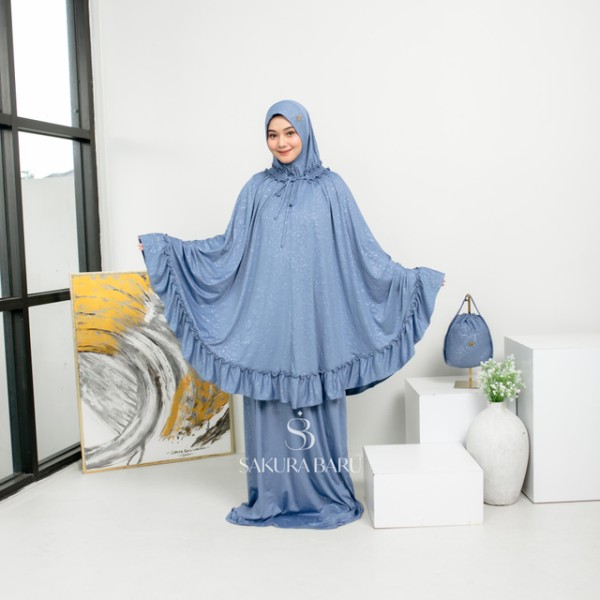 Sakura Baru X Celine Evangelista - Mukena Jumbo Salsabila Smock Jaguar Strechy Motif All Size Denim Floral