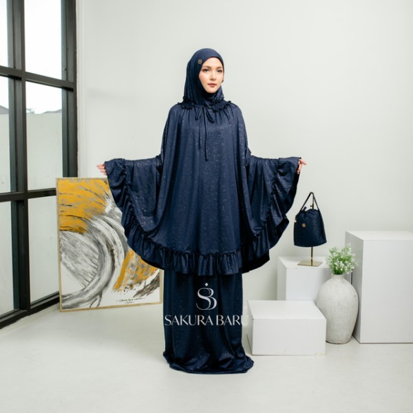 Sakura Baru X Celine Evangelista - Mukena Jumbo Salsabila Smock Jaguar Strechy Motif All Size Navy Floral